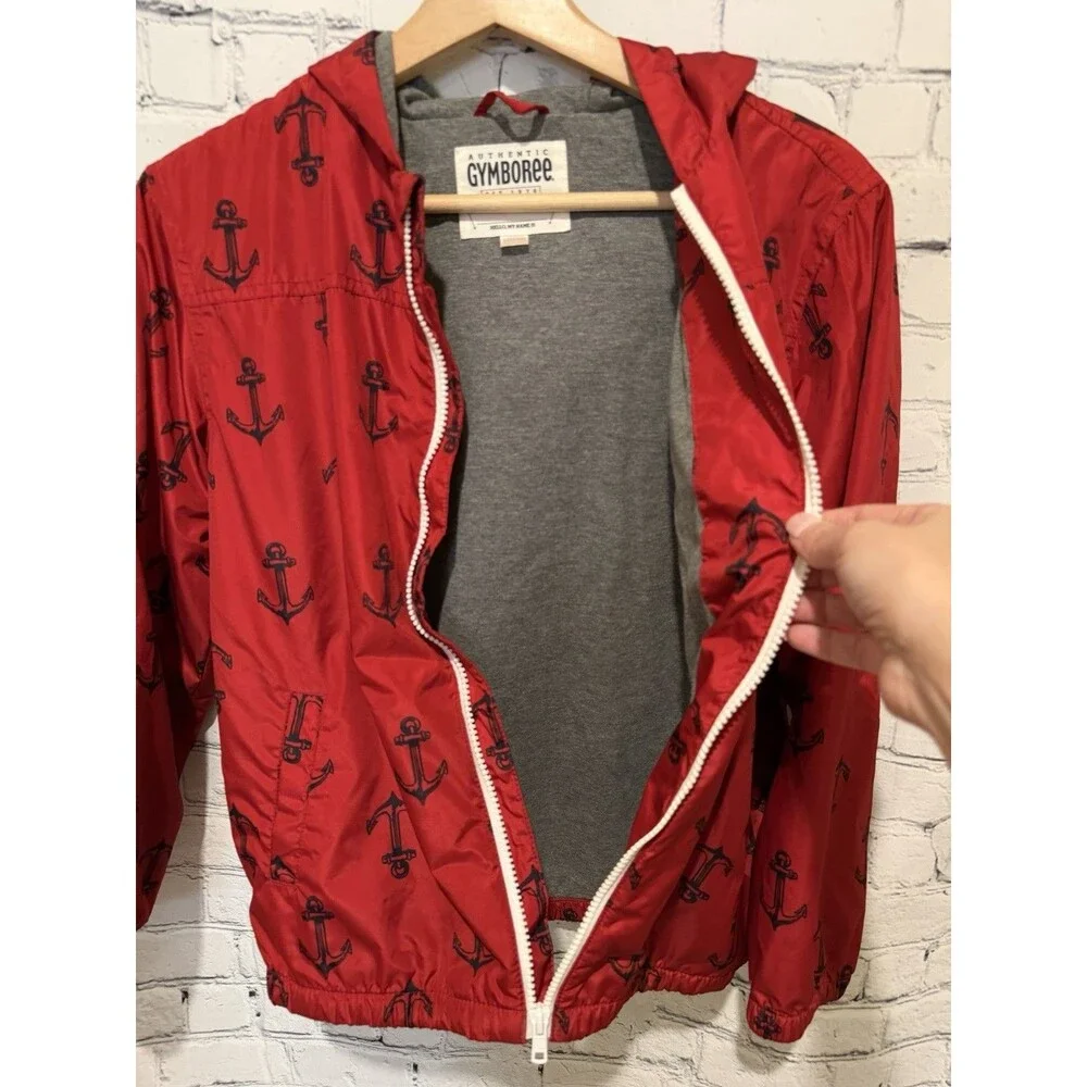 Boy's Gymboree red Light weight full zipper Jacket w/ blue Anchors Large 10-12